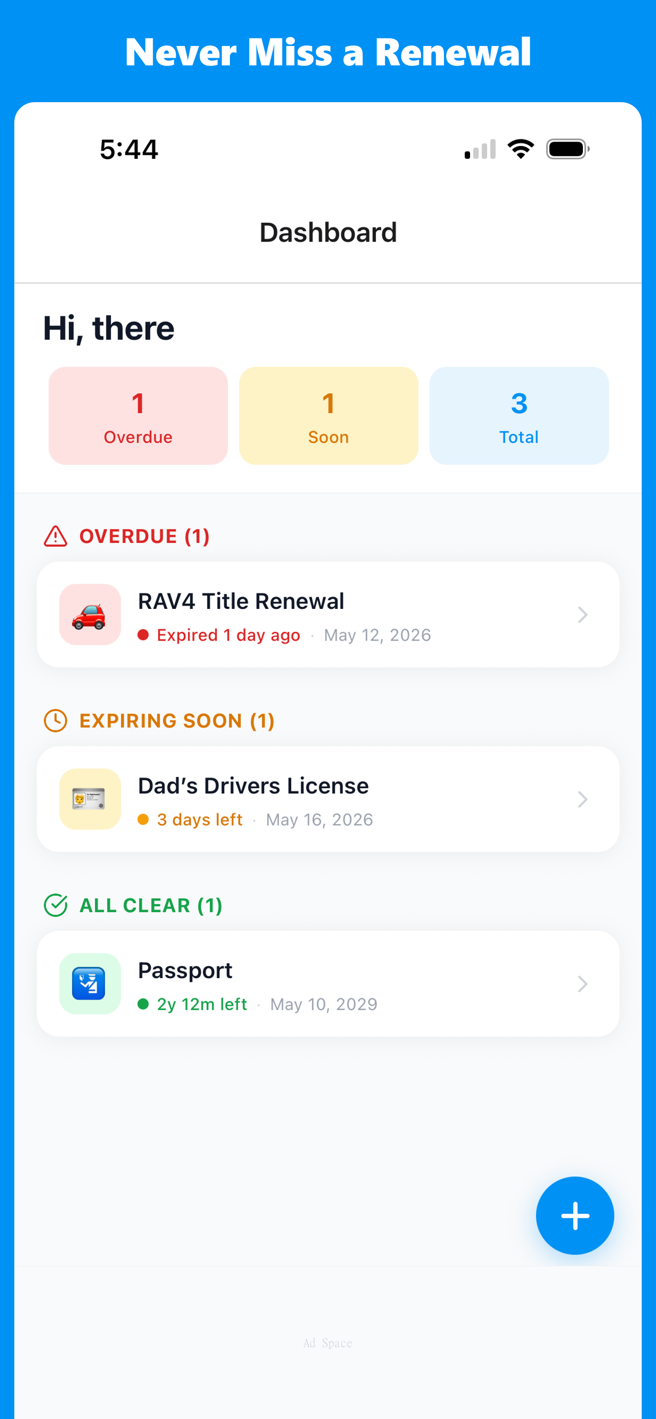 RenewAhead Dashboard - track all your documents